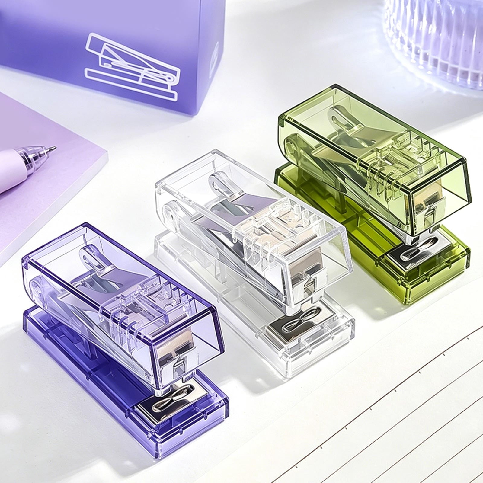 YYV Mini Clear Transparent Stapler Portable Handheld Stapler with 1000 Staples One-Finger Use Compact Desktop Stapler for School Office Home Clear Design Durable Practical Stationery Tool
