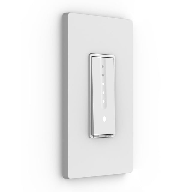 Merkury Innovations Smart Wi-Fi Dimmer Switch mounted on a white wall plate, shown in a front-facing angled view with a smooth white rectangular touch panel featuring vertical LED dimming indicators and a circular touch button, compatible with app and voice control for home lighting, requiring a neutral wire for installation.