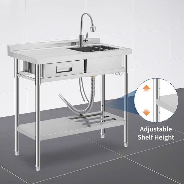 OUYAWEI Freestanding Stainless Steel Utility Sink with Workbench,Left Drawer,Commercial Kitchen Sink with Faucet,Hot & Cold Water,Storage Shelf,S-Hook,Knife Holder,Adjustable Leg for Indoor Outdoor
