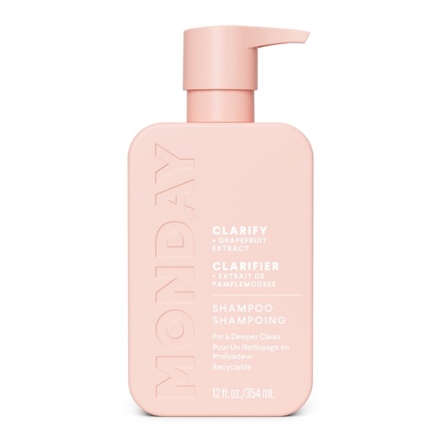 MONDAY Haircare CLARIFY Shampoo with Grapefruit Extract and Ceramides for oily hair prone to build-up, 354 mL, in a soft pink rectangular pump bottle with embossed MONDAY branding and white bilingual text highlighting deep cleansing and recyclable packaging, ideal for removing excess oil and build-up.