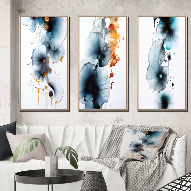 Designart "Heartbeat Rhapsody Turquoise and Gold Ink Cloud III" Abstract Painting Framed Wall Art Set Of 3 - Turquoise Modern Frame Canvas Set For Living Room Decor