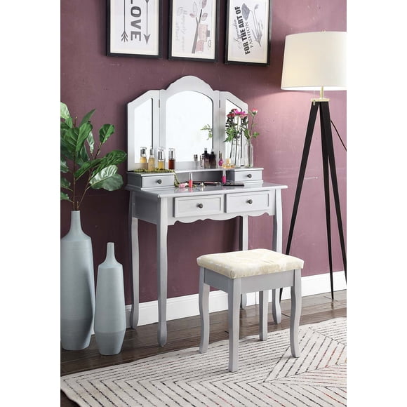 Roundhill Furniture Sanlo Wooden Vanity | Make Up Table and Stool Set | Silver