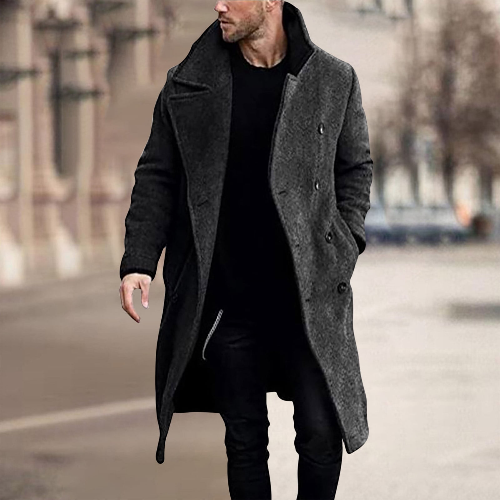 EQWLJWE Mens Trench Coat Full Length Grey Winter Pea Coat Casual