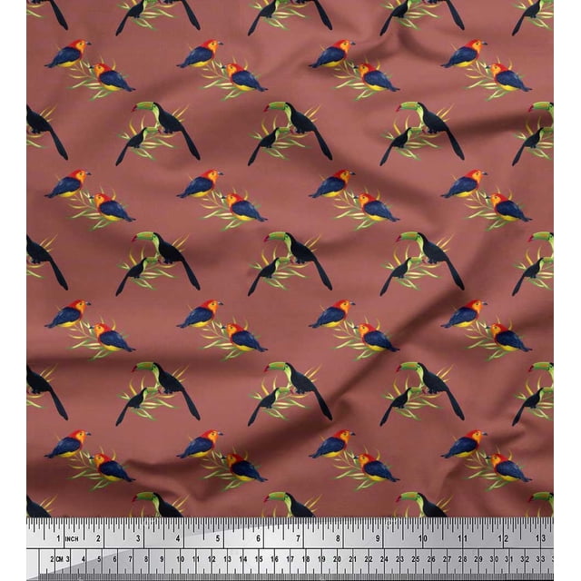 Soimoi Brown polyester Crepe Fabric Leaves,American Robin & Toucan Bird Print Sewing Fabric BTY 42 Inch Wide