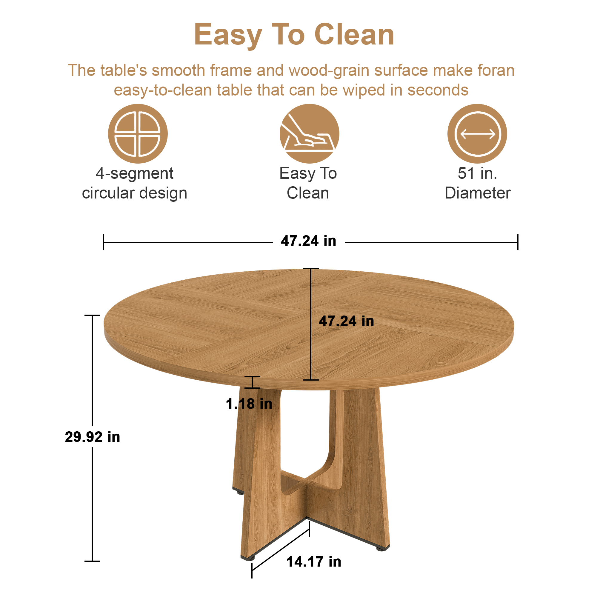 Noble House 47" Round Dining Table for 4,Farmhouse MDF Circle Table with Wood Grain Finish,Oak