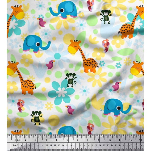 Soimoi Poly Georgette Fabric Floral,Bird & Animal Cartoon Print Fabric by The Yard 52 Inch Wide