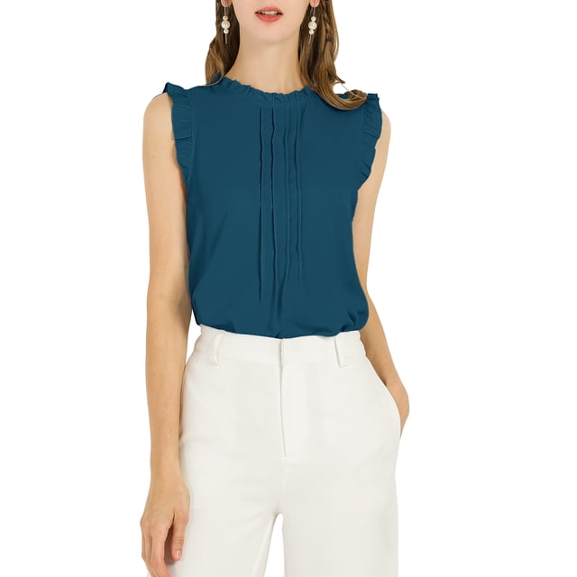 INSPIRE CHIC Women's Sleeveless Work Blouses Ruffled Pleated Chic Tops Blue Green XL