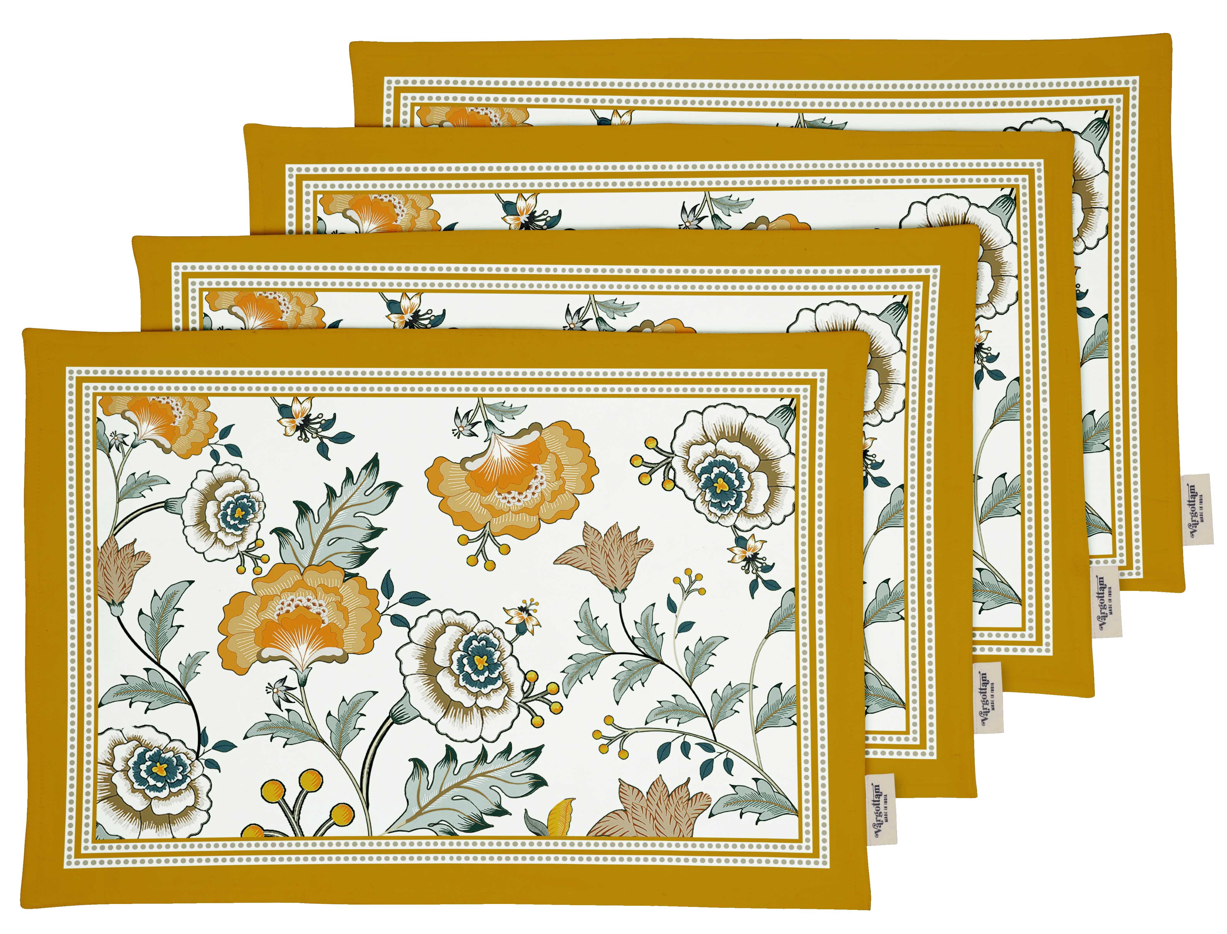 Vargottam Placemats- Placemat For Dining Table, Set Of 4- Printed & Reversible CottonNapkin-IndoorPlacematsFor Home & Kitchen Dining Table- Asian Floral (Mustard Yellow)
