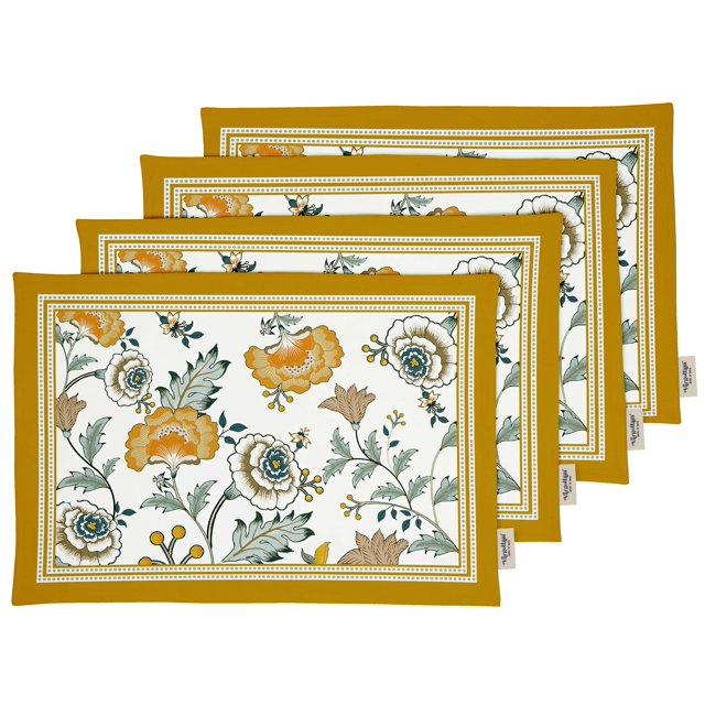 Vargottam Napperons - Napperon pour Table à Manger, Ensemble de 4 - Serviette en Coton Imprimée et Réversible - Napperons d'Intérieur pour Table de Salle à Manger à la Maison et en Cuisine - Floral Asiatique (Jaune Moutarde)