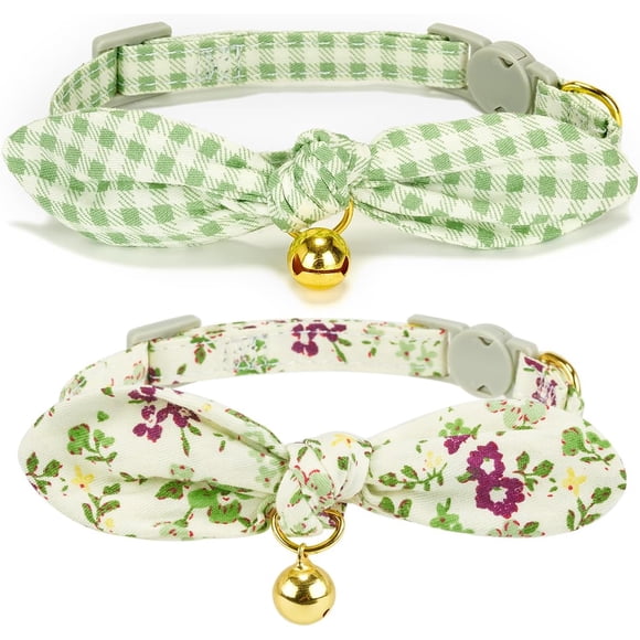 YISITIAN 2 Pack Cat Collar with Bell - Soft Cotton Breakaway Kitten Collar, Removable Bowtie, Stylish Pet Collar for Cats/Kittens, Floral, Green & Plaid Patterns AZ1014-2916