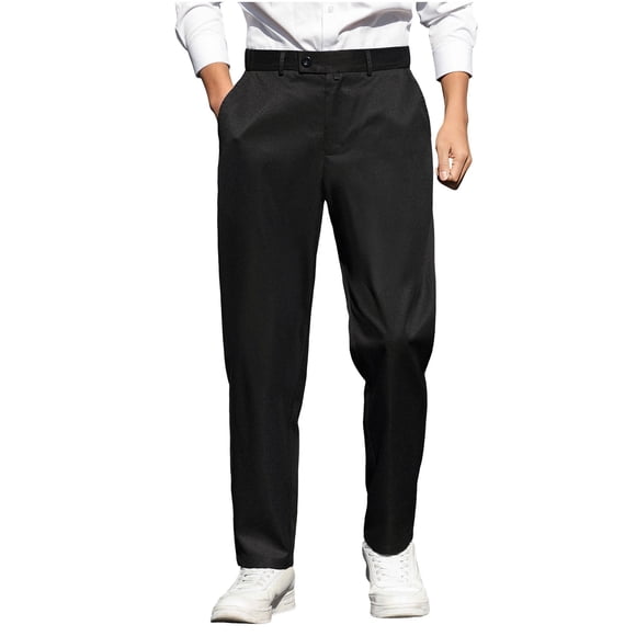 RXMEKW Elastic Waist Straight Leg Pants for Men with Drawstring, Polyester Casual Trousers for Work and Lounge, Standard Thickness, Black