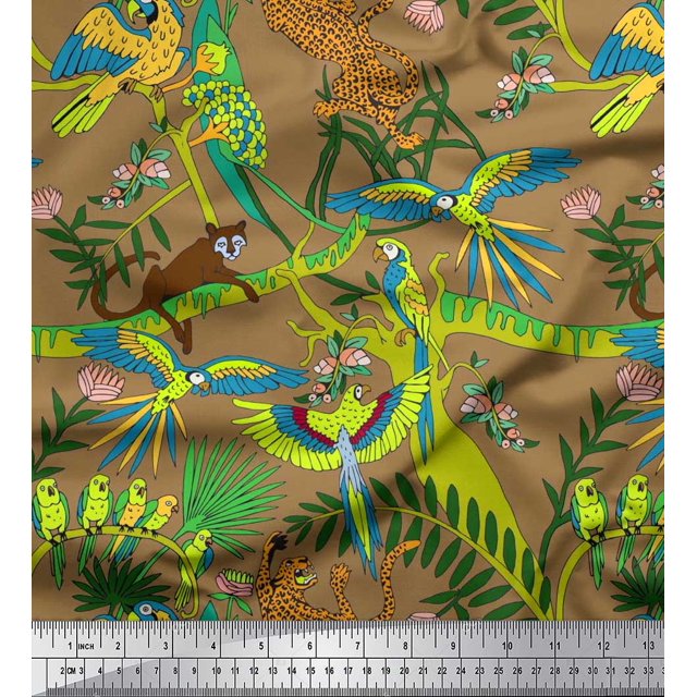Soimoi Poly Georgette Fabric Branches,Parrot & Leopard Jungle Print Sewing Fabric Yard 42 Inch Wide