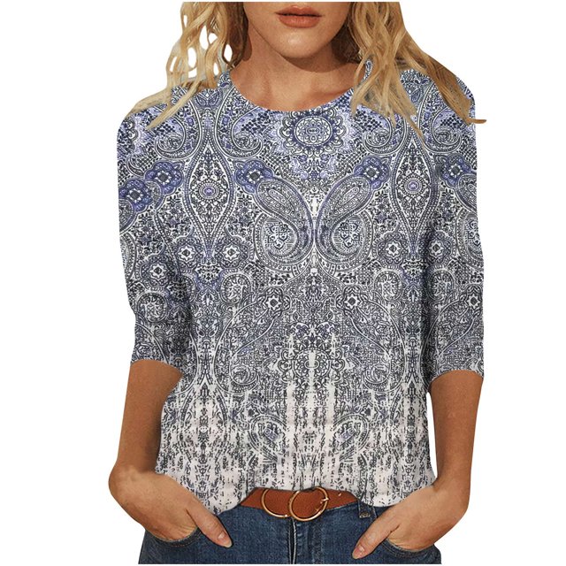 Pompotops Mode Femmes Imprimé T-shirt Mi-Longueur Manches 3/4 Blouse Col Rond Casual Tops Dégagement
