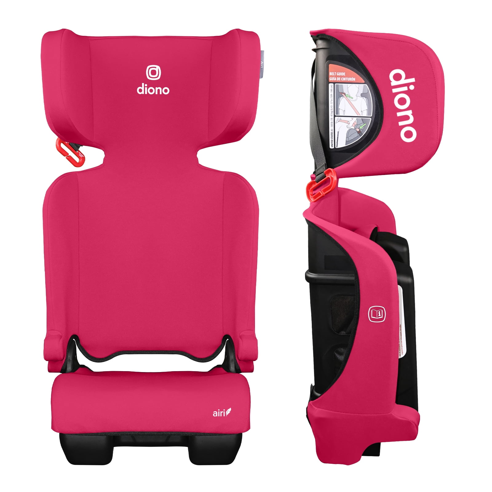 Diono Airi High Back Booster Car Seat, Lightweight Foldable Belt-Positioning Booster with Side Impact Protection, Adjustable Headrest, Machine Washable Cover, 40-100 lb,Pink