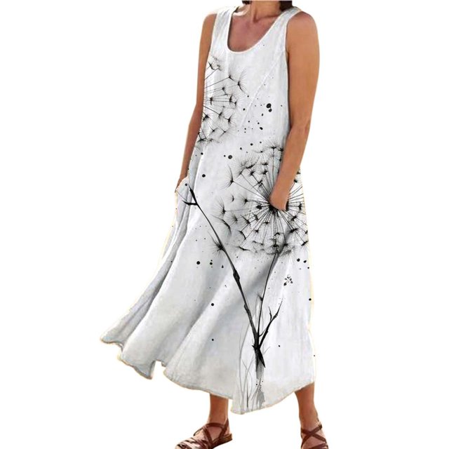 TJAZFJPA Robe Pailletée Mode Femme Col Rond Décontractée Imprimé Pissenlit 3D Sans Poignets Poche Longue Robe Débardeur Robe Décontractée Robes d'Été pour Femmes Robe Formelle Femme Élégante