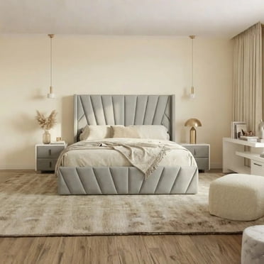 Velets King Bed Frame with Hydraulic Lift Storage, Upholstered Platform Bed, Tufted Headboard, Wood Slats, No Box Spring Needed