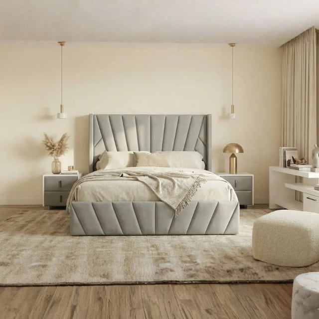 Velets Queen Bed Frame with Hydraulic Lift Storage, Upholstered Platform Bed, Tufted Headboard, Wood Slats, No Box Spring Needed