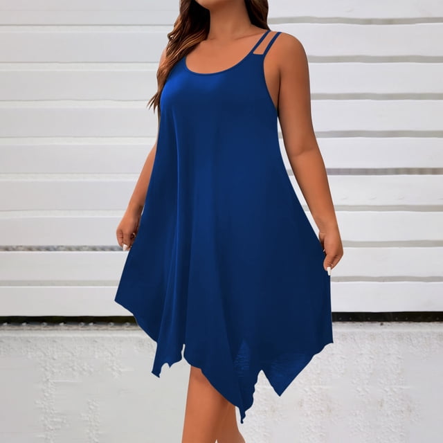 Ounisa Robe Camisole Midi Fluide Sans Manches à Encolure Dégagée et Ourlet Asymétrique pour Femme Grande Taille