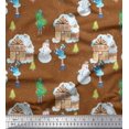 thumbnail image 1 of Soimoi Brown Japan Crepe Satin Fabric Snowman,House & Tree Christmas Print Fabric by the Yard 42 Inch Wide, 1 of 3