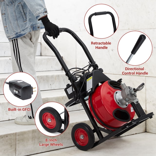 AKDSteel Professional Electric Drain Snake, 75ft x 1/2" Cleaning Machine with 370W Motor, Portable Sewer Auger with 8 Cutters & Air-Activated Foot Switch, for 1"–4" Pipes, Sinks, Toilets, Showers
