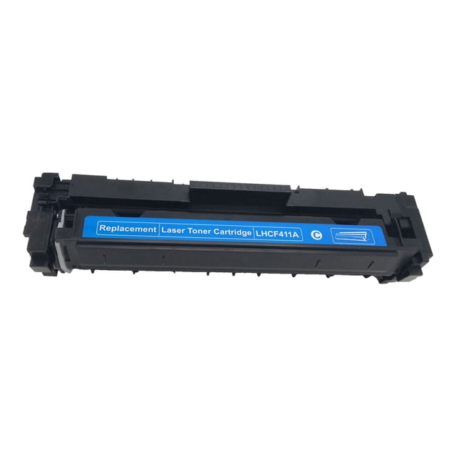 L-ink Compatible HP 305A (CE411A) Cyan Toner Cartridge shown in a front-facing horizontal view with a black plastic body and blue label reading 'Replacement Laser Toner Cartridge LHCF411A C'. This laser toner cartridge yields 2300 pages of sharp cyan prints and fits HP M452 and M477 series printers, suitable for reliable laser printing and printer supplies.