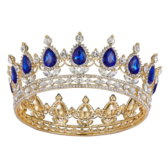 ZheElen Alloy Durable And Non-deforming Rhinestone For Wedding Or Cosplay Family Wedding Hair Crown Gold + sapphire 1Set