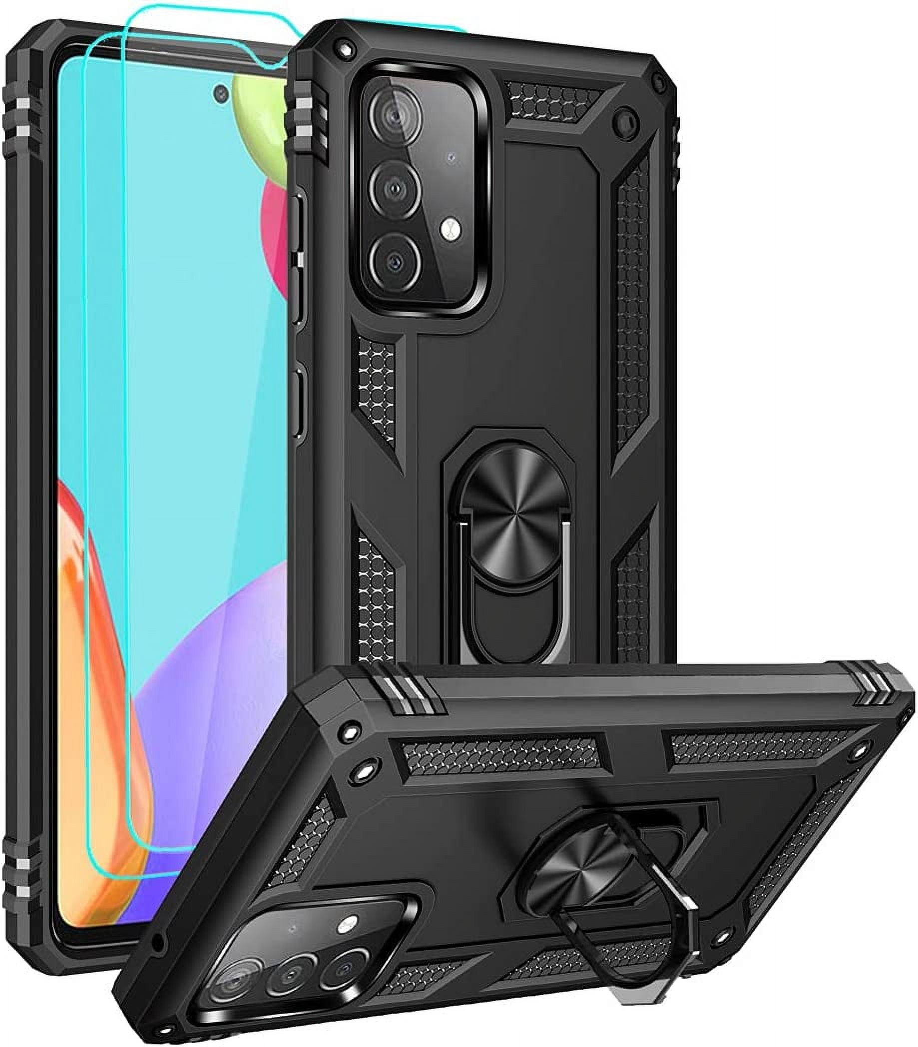 Tianle for Samsung A52 Case, Galaxy A52 Case with HD Screen Protector, Military-Grade Ring Holder Kickstand Car Mount 15ft Drop Tested Shockproof Cover Phone Case for Samsung Galaxy A52, Black