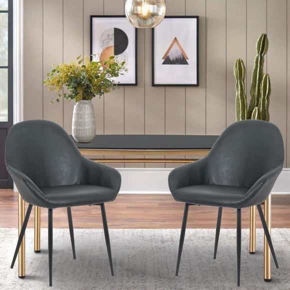 Burton Style Upholstered Faux Leather Dining Arm Chair in Black, Dining PU Chair, Metal Black Legs Set 2