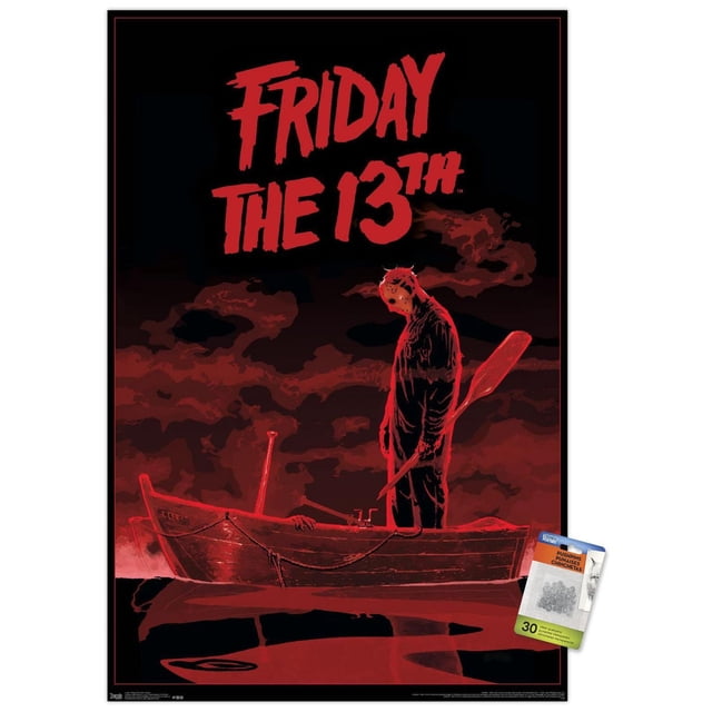Friday The 13th - Boat Wall Poster, 22.375" x 34", depicts a red and black graphic of a masked figure standing in a wooden rowboat holding a paddle, with red clouds and water reflections, ideal for wall art in bedrooms or offices.