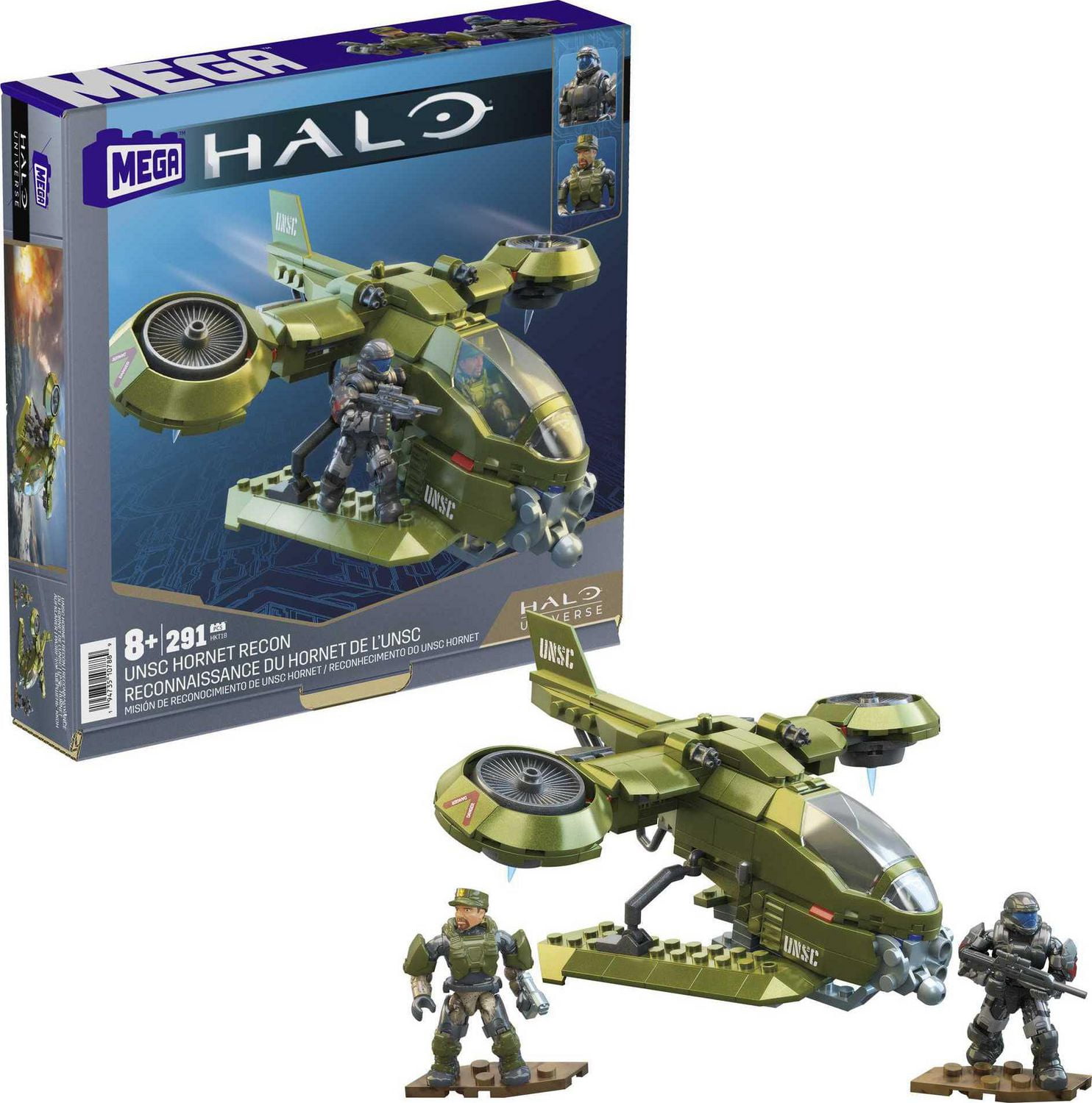 MEGA Halo UNSC Hornet Recon Aircraft Building Toy with 2 Micro Action Figures (291 pcs)