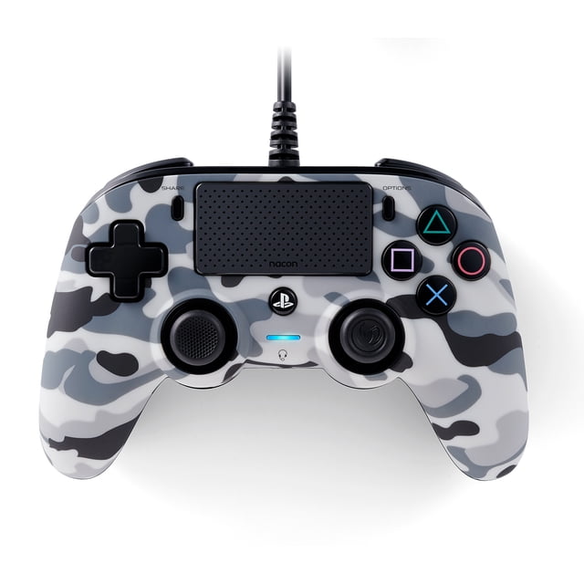 Nacon Wired Controller for PlayStation 4 and PC in arctic camo pattern, front-facing view showing dual analog sticks, directional pad, touchpad with nacon logo, SHARE and OPTIONS buttons, PlayStation button, and action buttons with PlayStation symbols. Includes a 3-meter USB cable for low-latency connection and a 3.5mm audio port for headset support.
