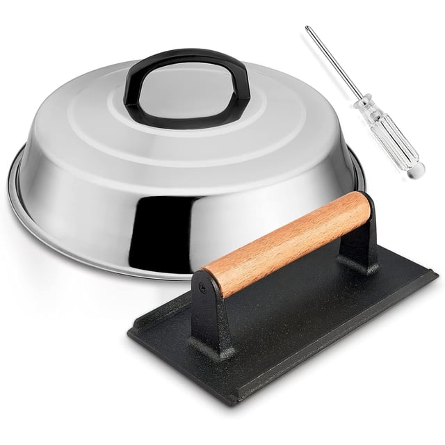 In Cheese Melting Dome ; In Cast Iron Grill Press Stainless Steel Basting Cover with Heavy Duty Burger Bacon Press Griddle Accessories for Teppanyaki Flat Top Stovetop Indoor &a