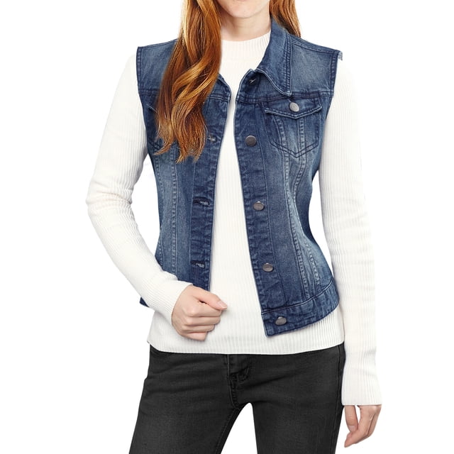 INSPIRE CHIC Women's Washed Denim Button Sleeveless Vest Jacket with Pockets S Dark Blue