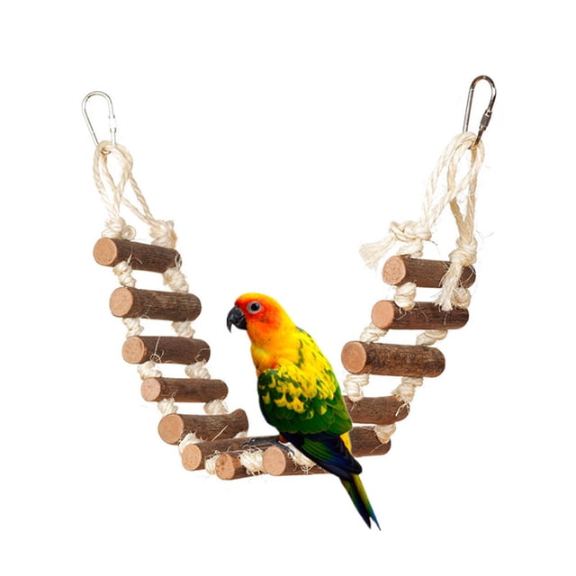 WIFKLSIIPG Small Parrot Rat Toy Bridge Ladder Hamster Bird Cage Accessories with a natural wood and rope ladder in brown. The ladder is suspended with metal hooks and rope, ideal for parrots, hamsters, and other small pets. A bright yellow and green parrot is perched on the ladder, demonstrating its use as a bird perch or swing. Rope length is approximately 55 cm.