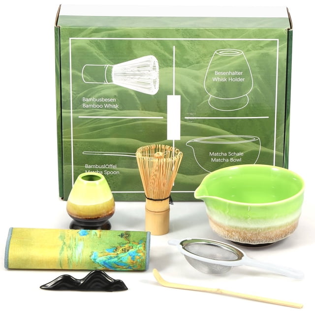 CHUANK 7Pcs Japanese Matcha Tea Set Matcha Making Starter Kit with Matcha Whisk Bowl Whisk Holder Scoop and Strainer Safe Bamboo Matcha Whisk and Ceramic Bowl Set for Matcha Tea