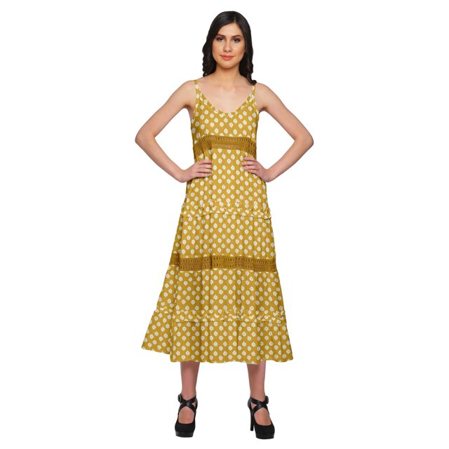 Moomaya Robe Longue Maxi Imprimée pour Femmes Sans Manches à Col en V Décontractée Évasée Kurta