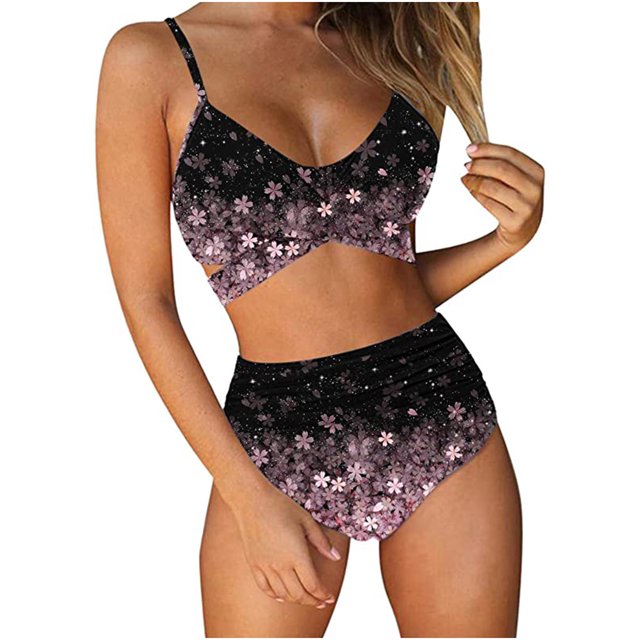 TIMIFIS Maillot de Bain Bikini Taille Haute pour Femme, Imprimé Floral, à Nouer, Deux Pièces