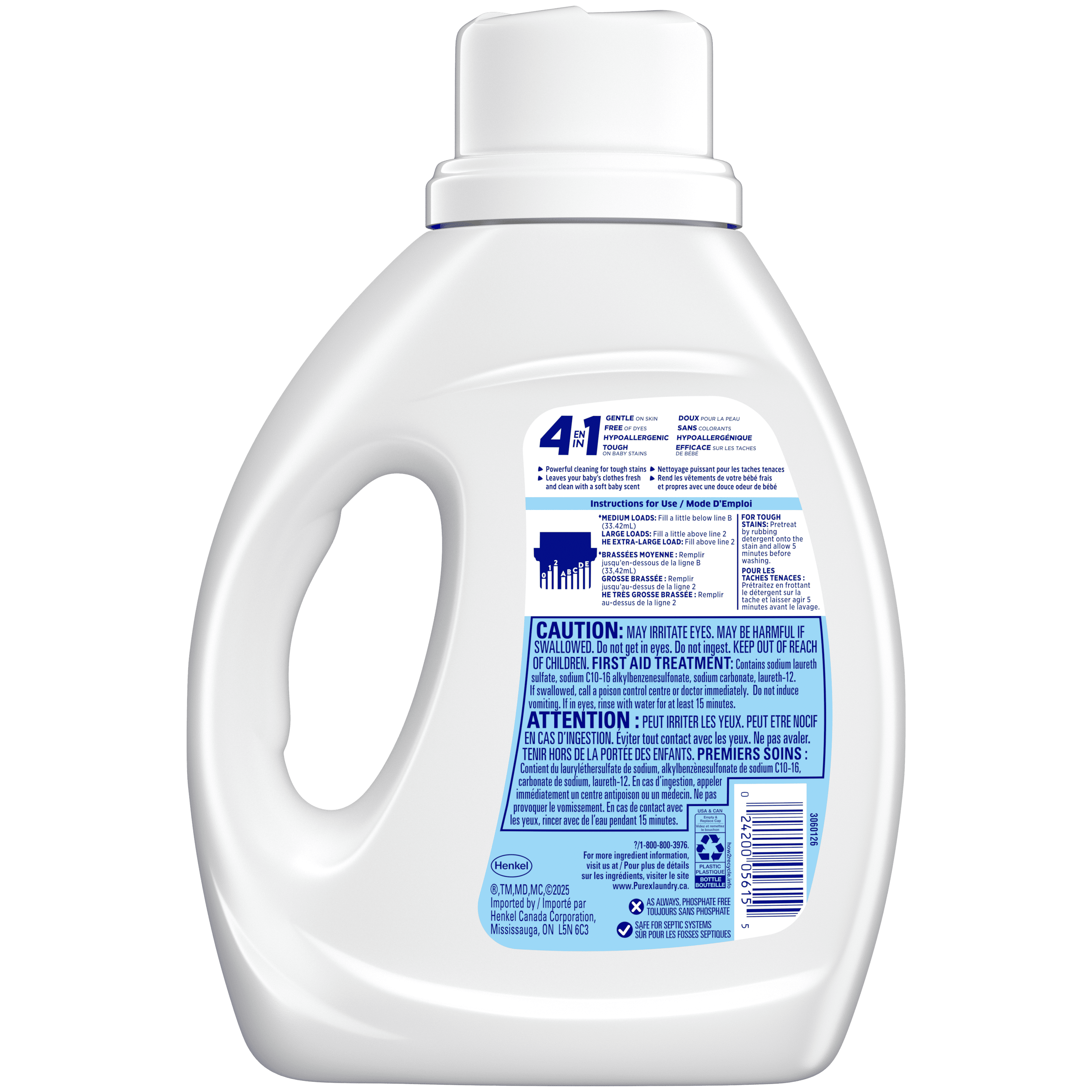 Purex Baby Soft détergent à lessive liquide hypoallergénique concentré, sans colorant, testé par des dermatologues pédiatriques, 1,17 L, 35 brassées, compatible avec les laveuses HE