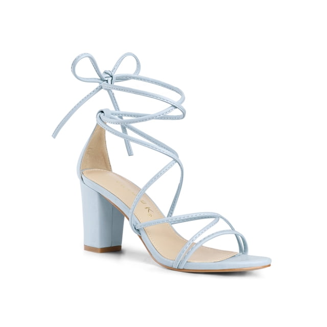 BLISSFUL STEP Chaussures pour Femmes à Bout Ouvert à Lacets Talon Bloc Sandales à Brides Bleu Ciel 6