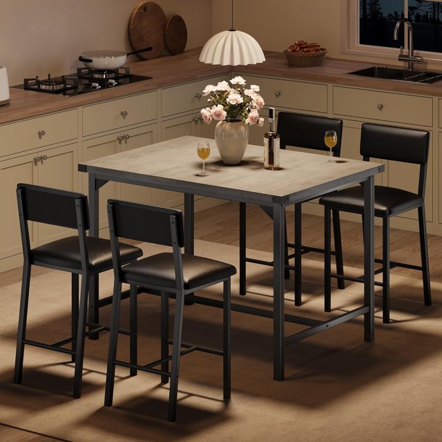 Dining Table Set for 4 W/Footrest & Backrest, Counter Height Table with 4 Upholstered Bar Stools, Kitchen Table Set with Corner Protector, for Small Space, Retro Gray