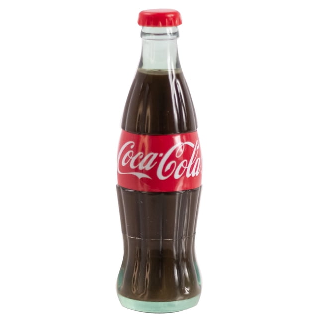COKE BOTTLE LIP BALM - CLASSIC COKE shaped like a miniature glass Coca-Cola bottle with a red cap and red label featuring white Coca-Cola script, this moisturizing lip balm delivers classic soda flavor and a clear glossy finish, suitable for softening lips and gifting.