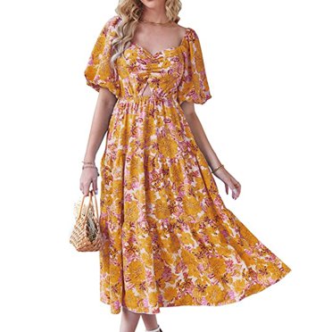 EGNMCR Holiday Dresses for Women Women Summer Dresses Casual Flowy Beach Square Neck Puff Short Sleeve Smocked Back Boho Floral Long Maxi Dress