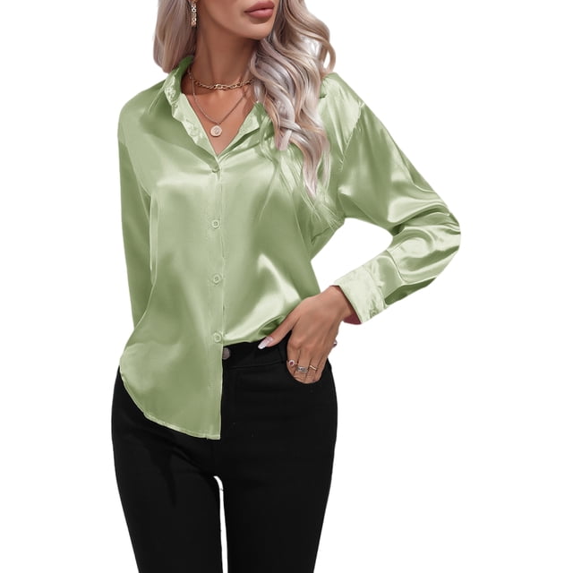 Innerwin Shirts Long Sleeve Ladies Tunic Tops Office Button Down Soft Blouse Light Green XL