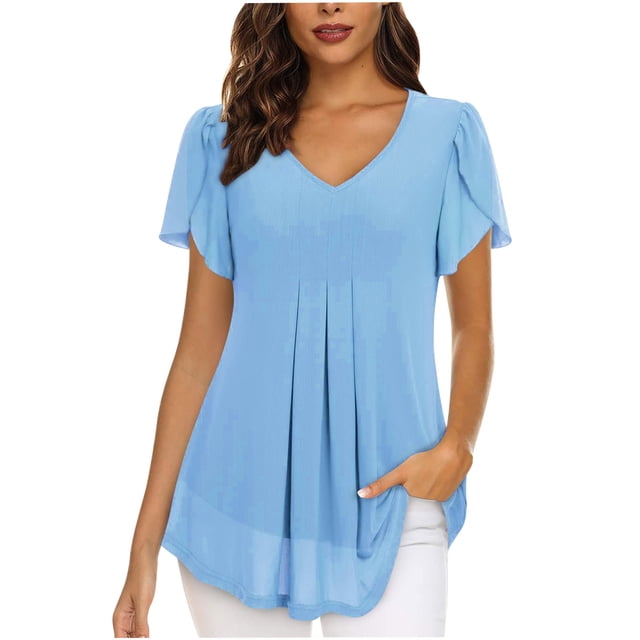 Birdeem T-Shirt à Manches Courtes en Chiffon Uni Décontracté Col en V pour Femmes