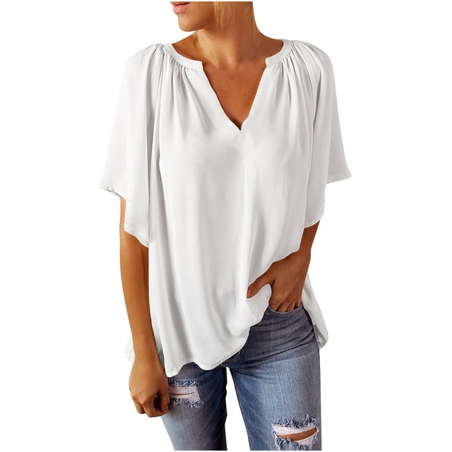 Timegard Womens Tops V Neck Drop Shoulder Short Sleeve Loose Comfy Solid Color Tops Tee Summer Beach