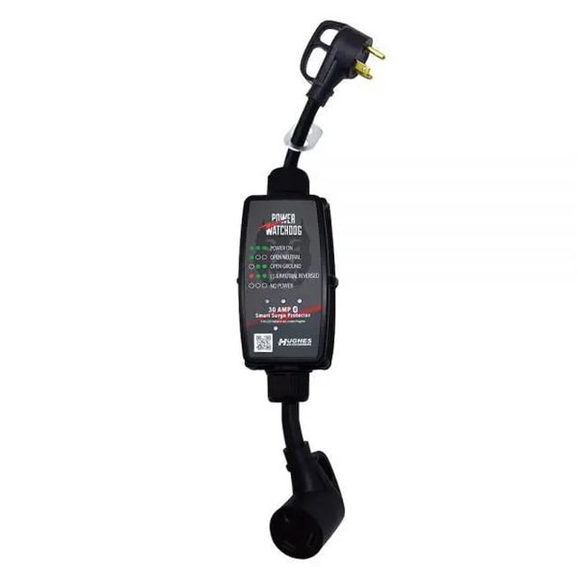 Hughes Auto Surge Protector PWD30 Portable avec 2400 joules de protection Surge Avancée, Capacité de 30 Ampères et Connectivité Bluetooth. les Fonctionnalités Incluent un Témoin de Défaillance, une Poignée de Tête de Prise, et une Compatibilité de Technologie Intelligente. Conçu pour Protéger contre les Niveaux de Tension Bas/élevés et les Surtensions Dommageables Lorsqu'il Est Connecté à une Alimentation de Camping. Comprend des diagnostics d'Alimentation de Parc à DEL et des Alertes de Défaillance Sans Fil.