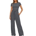 thumbnail image 2 of Birdeem Ensemble 2 Pcs Femme Mode Col Rond Uni Blouse à Manches Courtes + Pantalon Long Taille Élastique, 2 of 12