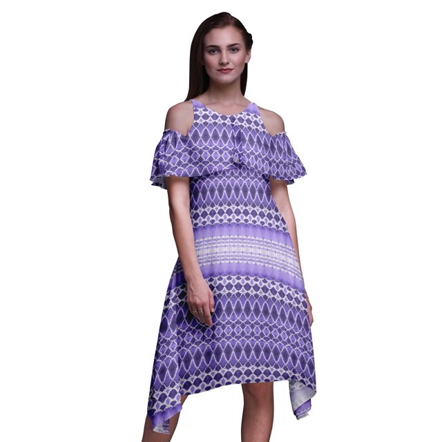 Bimba Tunique à Épaules Dénudées Imprimée Teinture sur Nœuds Violette pour Femmes Robe de Soirée Col Rond - Moyen