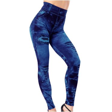 Pisexur Women's High Waist Leggings Ladies Elastic Imitation Ripped Knee Denim Leggings Super Soft Tummy Control Slimming Yoga Pants for Workout Running Reg & Plus Size