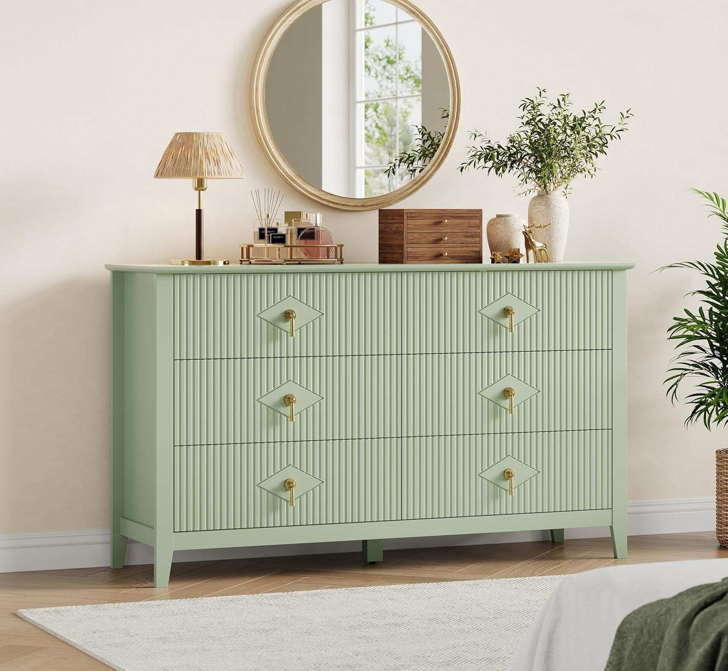 Dresser for Bedroom with 6 Drawers, 54 in Extra Wide Modern Chest of Drawers with Metal Handle, Dresser TV Stand, Wood Drawer Organizer for Bedroom, Living Room, Hallway